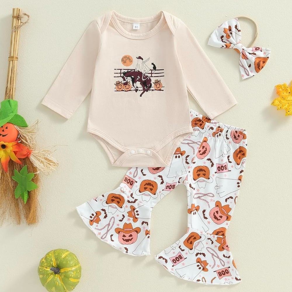 NEW Newborn 0-3 Months Halloween Western Outfit Pumpkin Bell Bottoms Headband